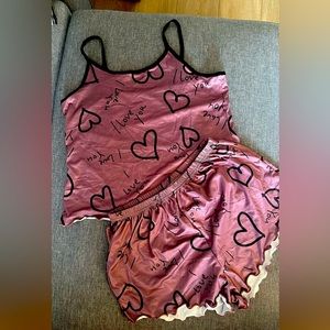 Slogan & Heart Print Contrast Binding Lettuce Trim PJ Set